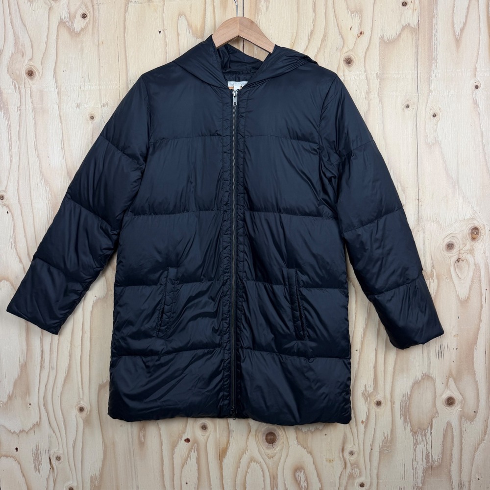 Eileen Fisher Down Puffer Coat Women's Small Black Hooded Jacket Quiet Luxury